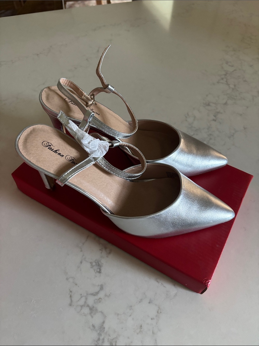 Fashion Focus Silver Pointed-Toe Ankle-Strap Heels (size 8, fit like 7.5)